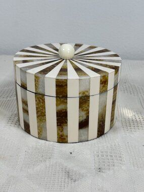 Striped Round Decorative Box w Lid Brown White Acrylic Design Modern Storage NEW